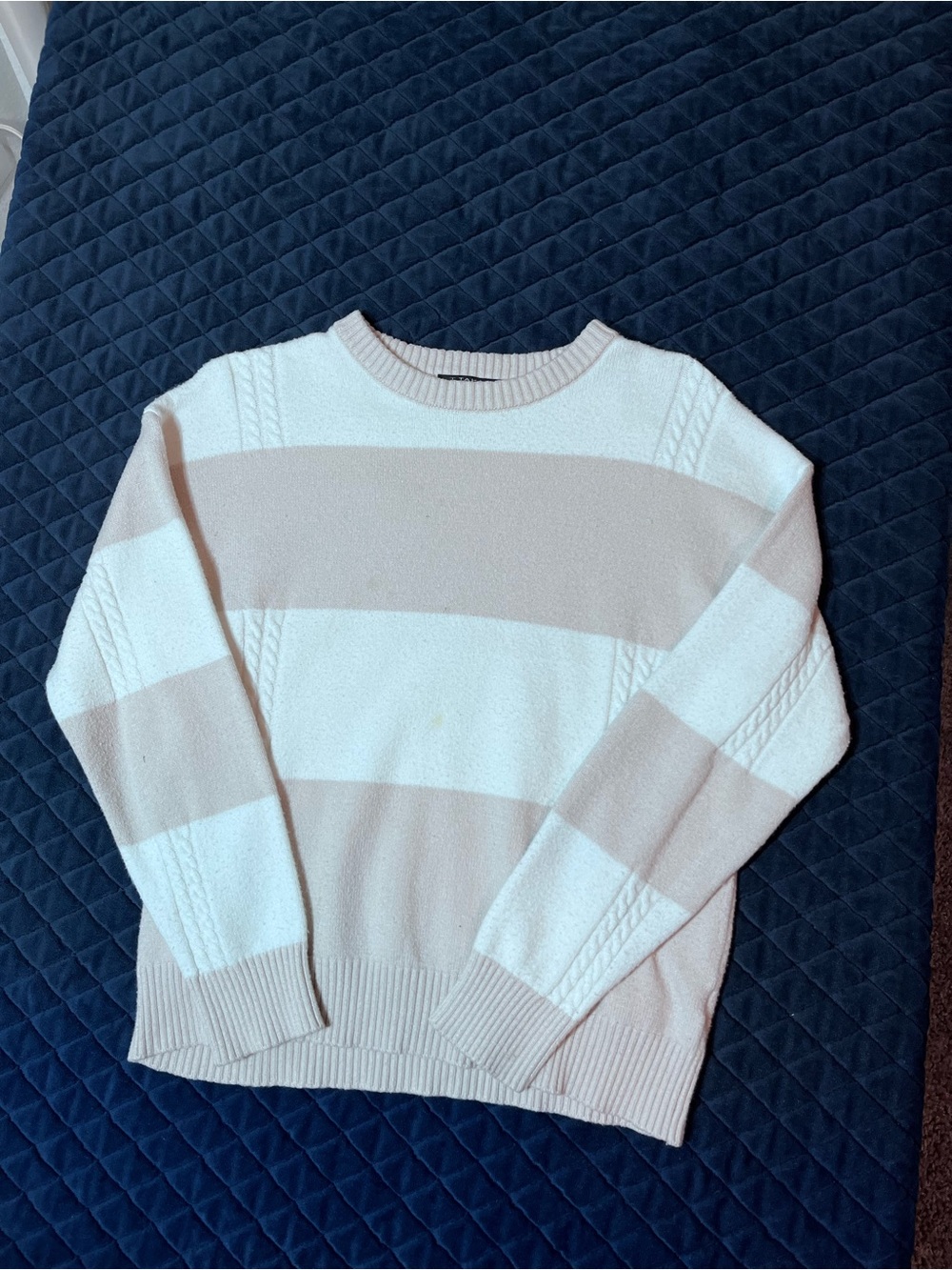 T Tahari Cream and Beige Striped Crewneck Sweater - Fall/Winter Casual Wear